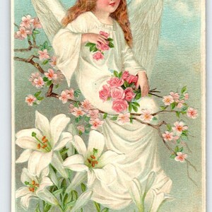 Easter Postcard Angel Girl BW Germany Lily Flowers Religious Antique Embossed