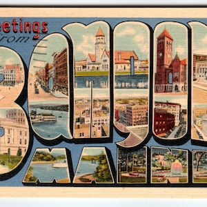 Salutations de Bangor, Maine, 1951 Grande carte postale vintage en lin, lettre originale