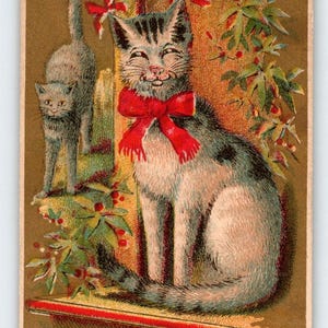 Carte postale victorienne chat His Footfalls Musique Nœud papillon Chaton A.B. Seeley 1881