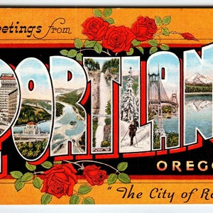 Carte postale en lin, grande lettre, City of Roses, ville de Portland, Oregon des années 40