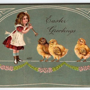 Ostern Postkarte Mädchen Spielt Horn Für Küken Antik Geprägt 1908 Vintage
