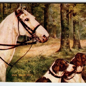 Hunting Dogs White Horse Noele Pets 5529 Vintage Antique Unposted Rustic Woods
