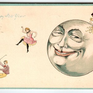 Carte postale anthropomorphe homme lune fantaisie Jolies filles Nouvel An 1910 Se 570