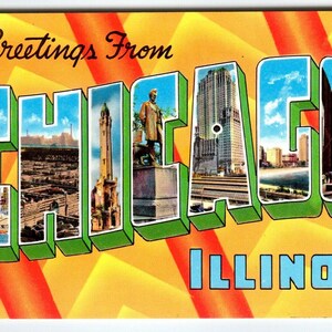 Salutations de Chicago, Illinois, grande carte postale chromée des années 1950, grande lettre, vintage