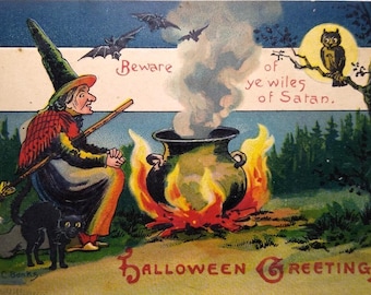 Halloween Postcard Beware Of Satan Witch Black Cat Owl Bats Fantasy Banks Wilson