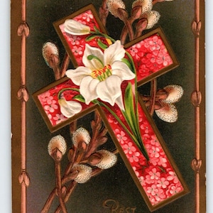 Best Easter Postcard 1900s Cross Willow Flowers Embossed Vintage Antique Germany