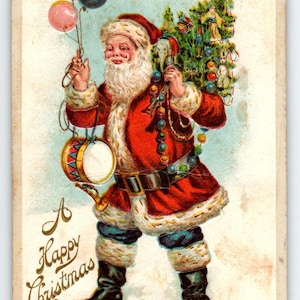 Carte postale de Noël Père Noël en relief ancienne – Père Noël avec ballons, arbre à jouets