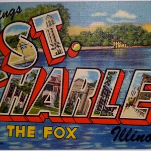 Carte postale en lin Illinois Grandes lettres, Grandes lettres, St. Charles on the Fox, Cadeau unique