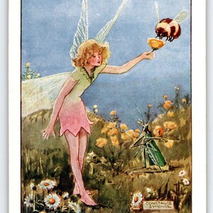 Feen Postkarte Constance Symonds Fantasy Bumble Bee Grasshopper 1920s Faulknew
