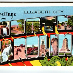 Carte postale vintage en lin Greetings from North Carolina Elizabeth City grande lettre