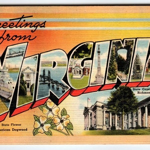 Carte postale vintage en lin, grande lettre, grande lettre, Greetings From Virginia, sans affectation