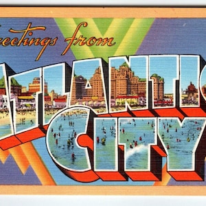 Salutations d'Atlantic City, New Jersey Carte postale en lin grande lettre, Hôtels de plage