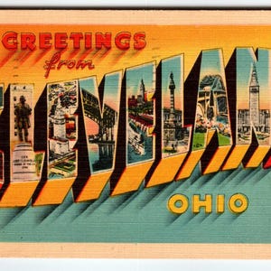 Salutations de Cleveland Ohio 1948 grande carte postale en lin vintage grande lettre City