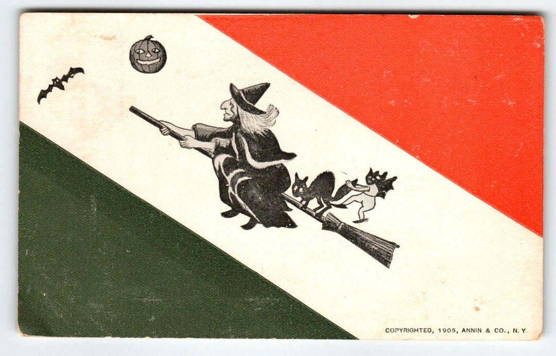 Halloween Postcard 1905 Witch on Broom Gremlin Goblin Black Cat Bat ...