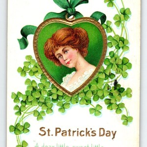 Carte postale de la Saint-Patrick belle dame en forme de coeur trèfles Nash 1914 cadeau unique
