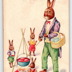 Oster Postkarte Angezogene Hasen Hasenfamilie Lagerfeuer Eier kochen Stecher 779