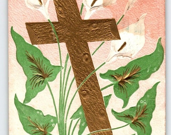 Happy Easter Postcard 1900's Gold Cross Lily Flowers Embossed Vintage Antique