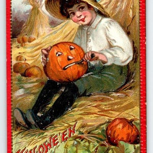 Antike Tucks Halloween Postkarte 1910 Embossed Boy Carving JOL Serie 174