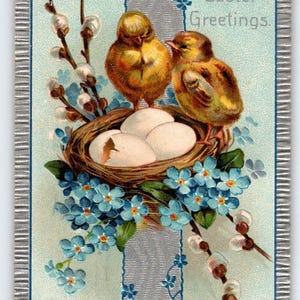 Carte postale de Pâques poussins fleurs de saule en relief vintage Allemagne PFB 8276