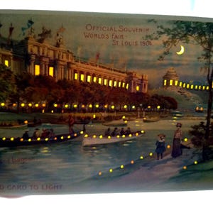Carte postale Hold To Light 1904 Exposition universelle de Saint-Louis Grand Lagoon Boats Moon HTL