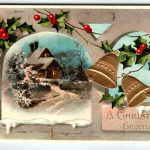 Christmas Postcard Gold Bells Cottage Holly Embossed Vintage Greetings 1909 Unique Gift
