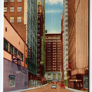 Carte postale en lin de la vie du sud-ouest de Curt Teich, Dallas Texas, Akard Street Canyon