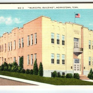Édifice municipal Morristown Tennessee carte postale vintage lin inutilisé drapeau américain cadeau unique