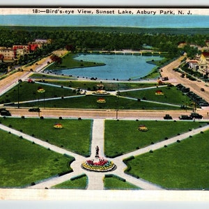 Carte postale Asbury Park Birds Eye View Sunset Lake New Jersey Beach Town 1935 Voitures Cadeau unique Carte postale