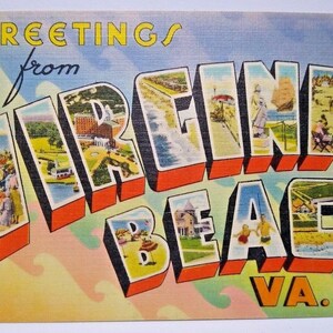 Carte postale en lin grande lettre, Grandes salutations de Virginia Beach, Tichnor, cadeau unique inutilisé