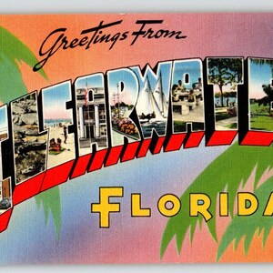 Carte postale en lin lettre grande lettre de Clearwater, Floride, sans envoi, cadeau unique Tichnor