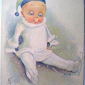 Carte postale fantaisie bébé sur patins à glace Henry Heininger artiste signée FSM vintage