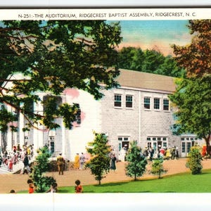 Carte postale en lin N-251 Auditorium Ridgecrest Baptist Assembly NC Blue Ridge Mts