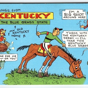 Salutations du cheval jockey du Kentucky Carte postale anthropomorphe Carte postale lin Kropp H Dean