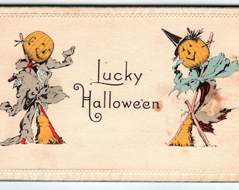 Halloween Postcard Lucky Scarecrows Witch Vintage Embossed Edges Nash Series 8 A