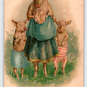 Carte postale anthropomorphe fantastique Cochons habillés Porcelets dans un tablier de maman Allemagne