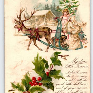 Antike Weihnachtsmann-braun-Mantel-Weihnachtspostkarte-Ren-Mädchen-Schlitten Holly 1900s