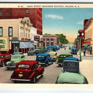 Nash Street Old Cars Autos Stores Carte postale en lin Wilson North Carolina inutilisée Cadeau unique