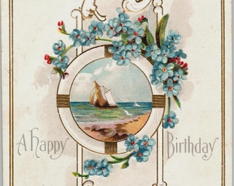 Vintage 1910 Embossed Birthday Postcard with Sailing Ship & Flowers