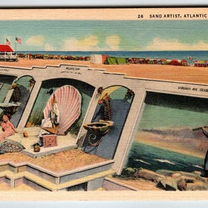 Atlantic City New Jersey carte postale sable artiste plage océan Virginia Ave 1940 NJ cadeau unique