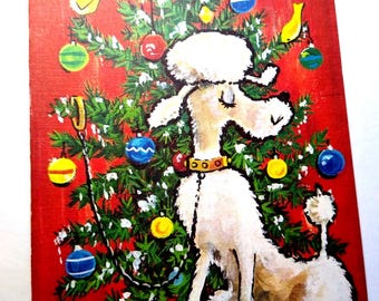 Christmas Poodle Dog Yellow Birds Retro Mid Century Mod Groovy Greeting Card NOS