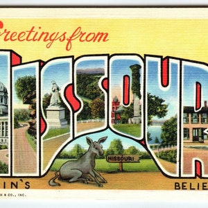 Carte postale avec grandes lettres, Grandes salutations du Missouri, Linen Curt Teich Believin