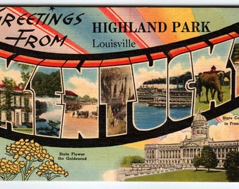 Salutations de Highland Park Louisville Kentucky Carte postale grande lettre 1945