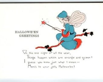 May include: Vintage Halloween greeting card featuring a whimsical illustration of a fairy riding a broom. The fairy is dressed in blue with red accents, holding a star-tipped wand. The card includes the text "HALLOWEEN GREETINGS" and a handwritten message.