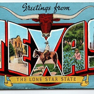Carte postale Lone Star State, grande grande lettre, salutations du Texas Bull Horns