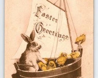 Vintage 1910 Easter Postcard Bunny and Chicks on Boat G.A.C. Co. Hand Tinted