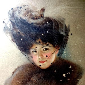 Victorian Art Print Women In Veil Hat Fur Hat Lithograph 1909 Original L Knoefel