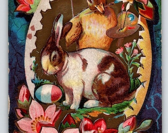 Easter Postcard Bunny Duck Painter With Easel Rabbit Painted Egg Embossed Flower Unique Gift