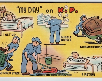 Vintage Linen Comic Postcard 'My Day' on K.P. by MWM 1940s