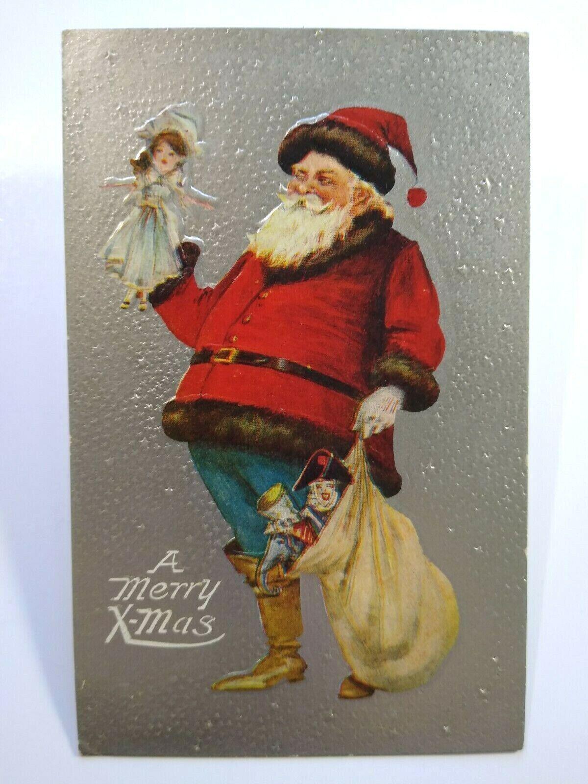 Antique 1909 Christmas Postcard: Santa Claus With Toys, Embossed