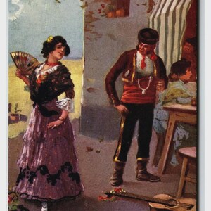 May include: A vintage postcard illustration titled CELOS featuring a person in a purple ruffled dress holding a fan, and another person in a dark jacket and trousers standing nearby. A guitar lies on the ground, and the text Oilette is visible.